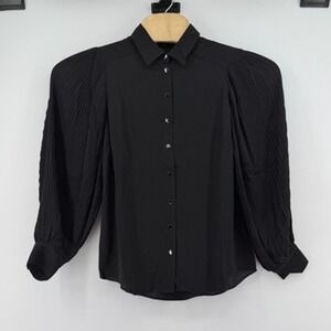Tahari Black Pleated Puff Balloon Sleeve Button Up Shirt Womens M